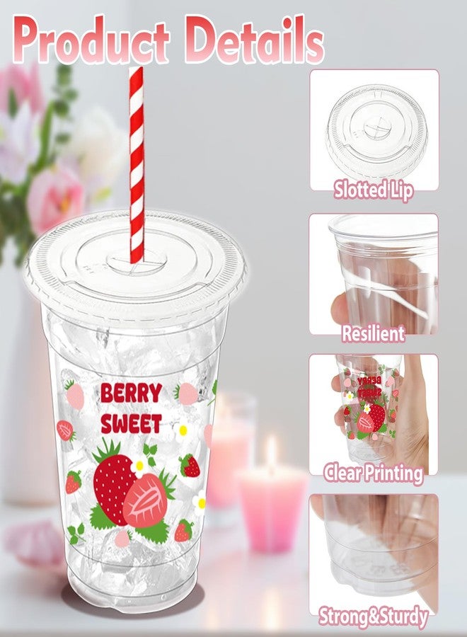 ZCPTZ 50 Pcs Strawberry Plastic Cups with Lids and Straws, 12 oz Disposable Cups Pink Clear Strawberry Party Drinking Cups Supplies for Summer Spring Party Birthday Baby Shower Supplies - Image 4
