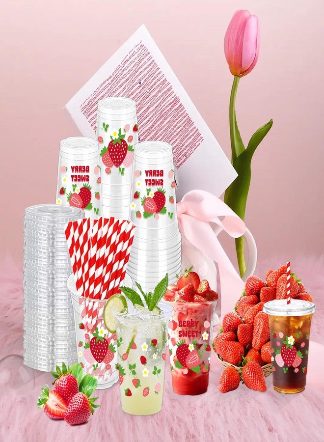 ZCPTZ 50 Pcs Strawberry Plastic Cups with Lids and Straws, 12 oz Disposable Cups Pink Clear Strawberry Party Drinking Cups Supplies for Summer Spring Party Birthday Baby Shower Supplies - Image 3