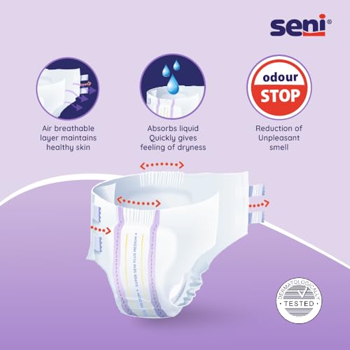 SENI Super Seni Plus breathable tape style adult diapers | double wetness indicator | premium fasteners | latex free | ultra absorbent | odour stop | dermatologically tested | side leakage protection |size medium | weist size 30" - 43" (75 cm - 110 cm) | Pack of 1 | 10 Pcs - Image 4