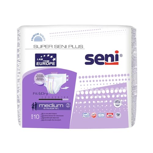SENI Super Seni Plus breathable tape style adult diapers | double wetness indicator | premium fasteners | latex free | ultra absorbent | odour stop | dermatologically tested | side leakage protection |size medium | weist size 30" - 43" (75 cm - 110 cm) | Pack of 1 | 10 Pcs - Image 1