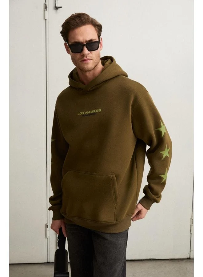 GRIMELANGE TUXON Men's Soft Interior Polar Print Detailed Kangru Pocket Regular Khaki Sweatshirt.