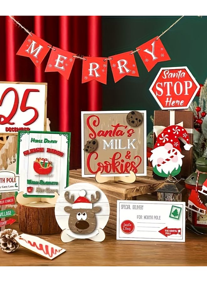 مجموعة بطاقات خشبية لعيد الميلاد، زينة مسطحة ثنائية الأبعاد، لافتة طريق غزلان، دعائم إجازات - Image 3