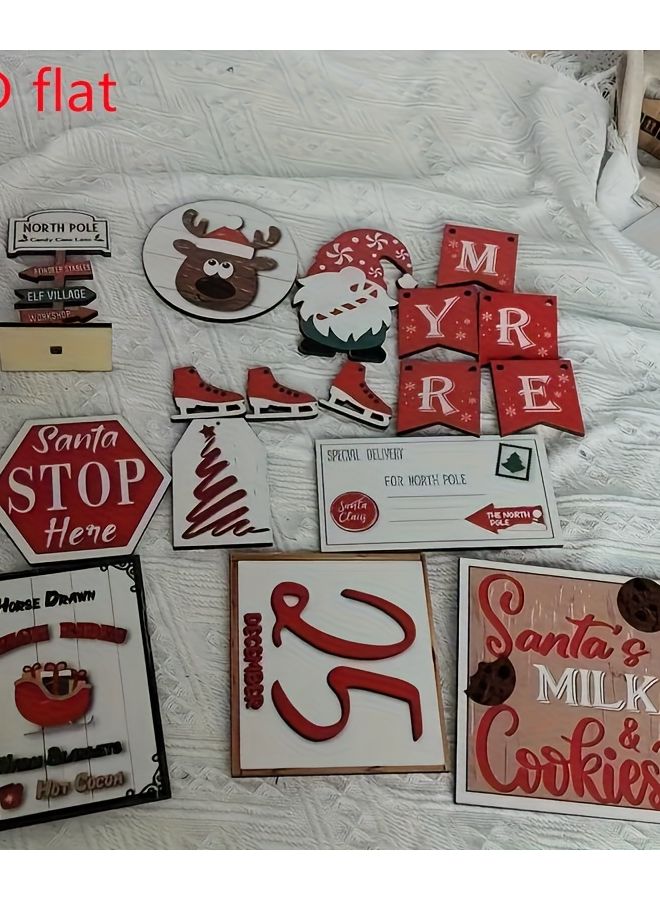 مجموعة بطاقات خشبية لعيد الميلاد، زينة مسطحة ثنائية الأبعاد، لافتة طريق غزلان، دعائم إجازات - Image 5