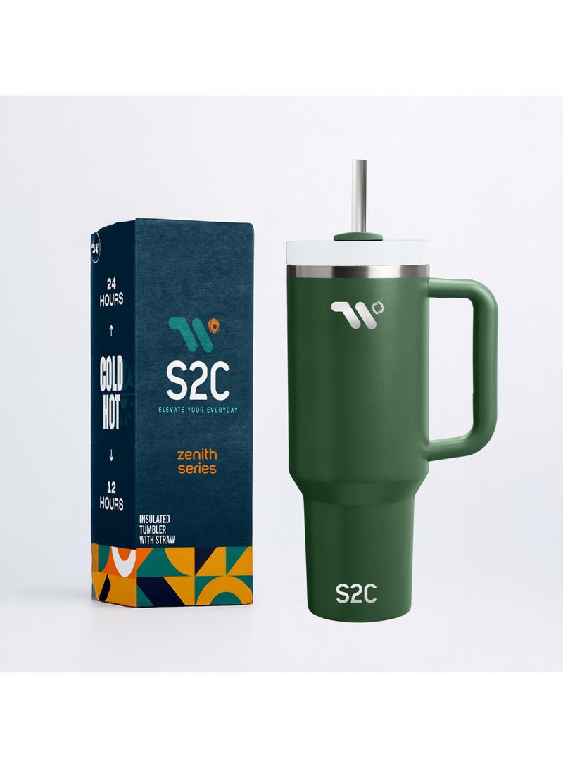 اي 2 سي كوب S2C 40oz من الفولاذ المقاوم للصدأ بمقبض وقش - كوب سفر معزول بالفراغ مزدوج الجدار - مقاوم للتسرب ، خالي من مادة BPA ، يناسب حامل أكواب السيارة  - Image 1