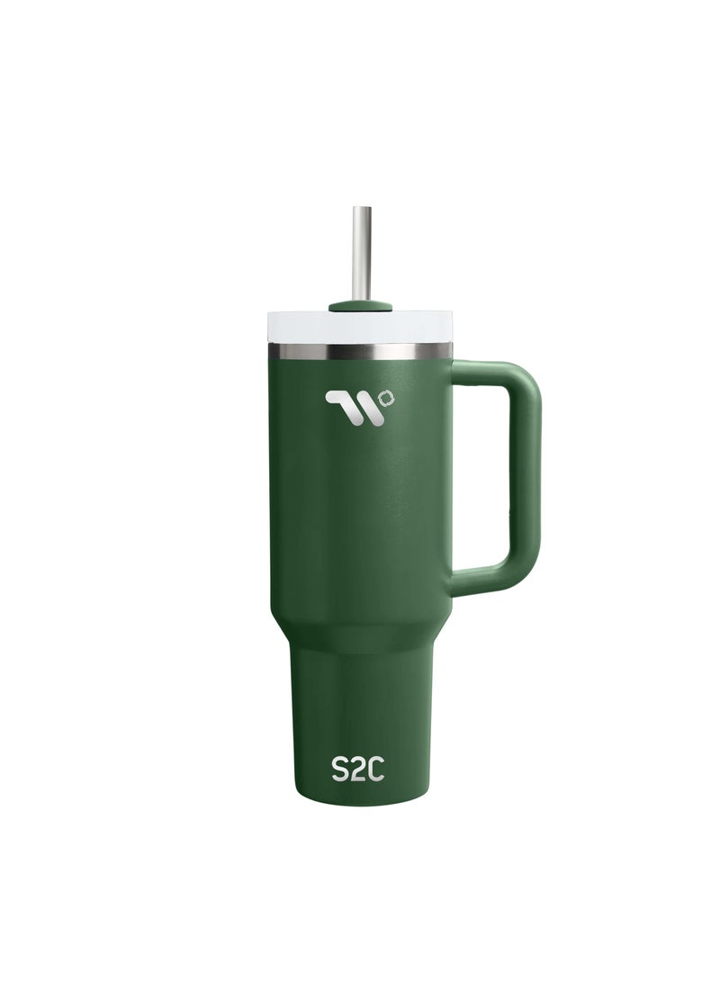 اي 2 سي كوب S2C 40oz من الفولاذ المقاوم للصدأ بمقبض وقش - كوب سفر معزول بالفراغ مزدوج الجدار - مقاوم للتسرب ، خالي من مادة BPA ، يناسب حامل أكواب السيارة  - Image 2
