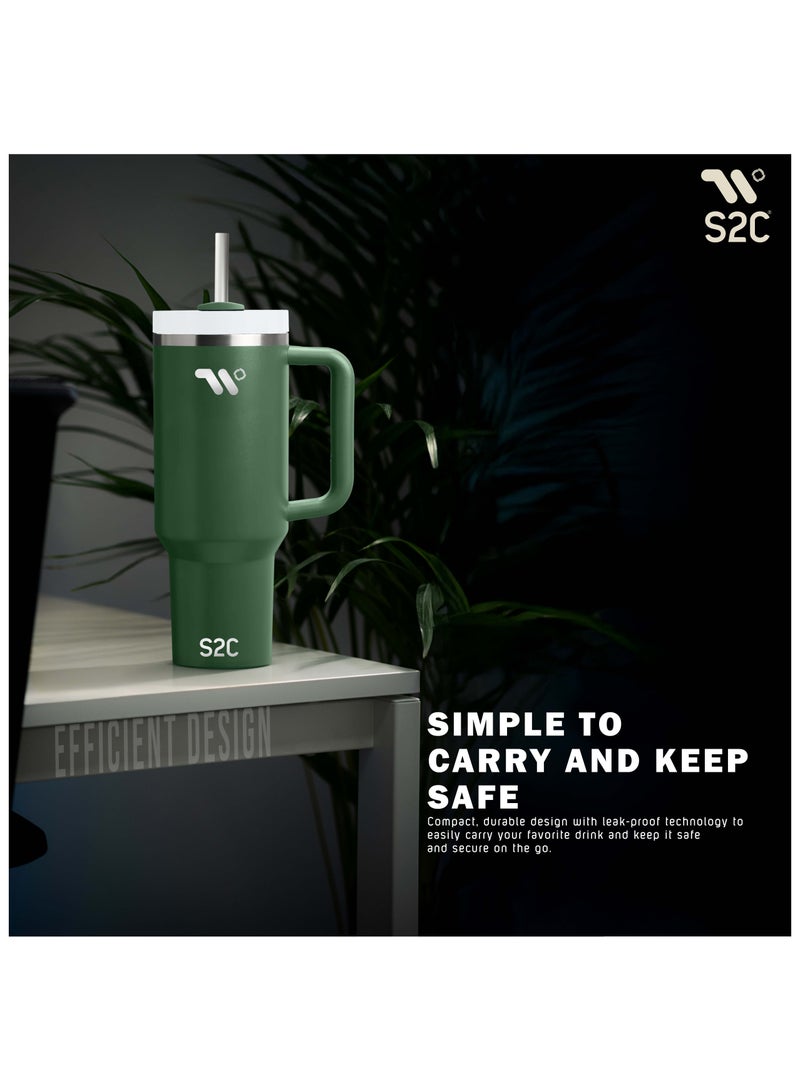 اي 2 سي كوب S2C 40oz من الفولاذ المقاوم للصدأ بمقبض وقش - كوب سفر معزول بالفراغ مزدوج الجدار - مقاوم للتسرب ، خالي من مادة BPA ، يناسب حامل أكواب السيارة  - Image 5