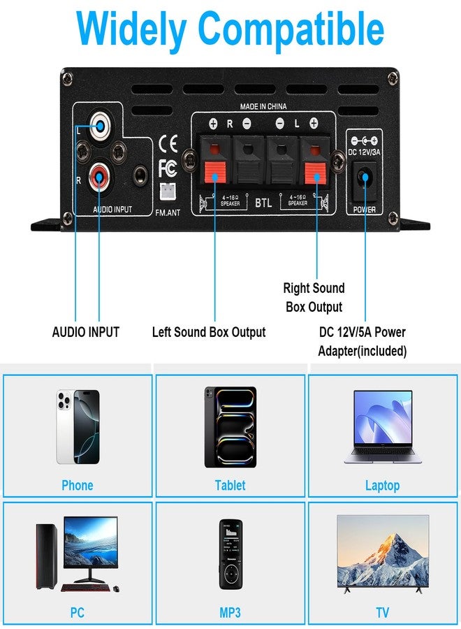 Romicta Stereo Audio Amplifier, 2.0 CH Mini HiFi Stereo AMP Bluetooth 5.0 Amp Receiver with 400W+400W, FM, AUX, USB, Microphone Input, 12V 5A Power Supply, Power Amplifier for Car Home Bar Party - Image 3