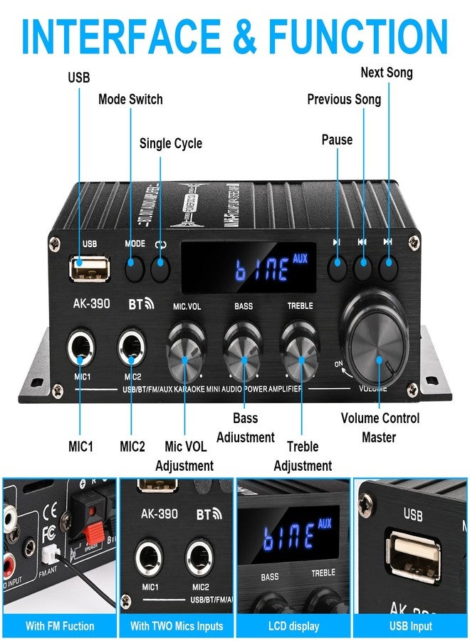 Romicta Stereo Audio Amplifier, 2.0 CH Mini HiFi Stereo AMP Bluetooth 5.0 Amp Receiver with 400W+400W, FM, AUX, USB, Microphone Input, 12V 5A Power Supply, Power Amplifier for Car Home Bar Party - Image 2