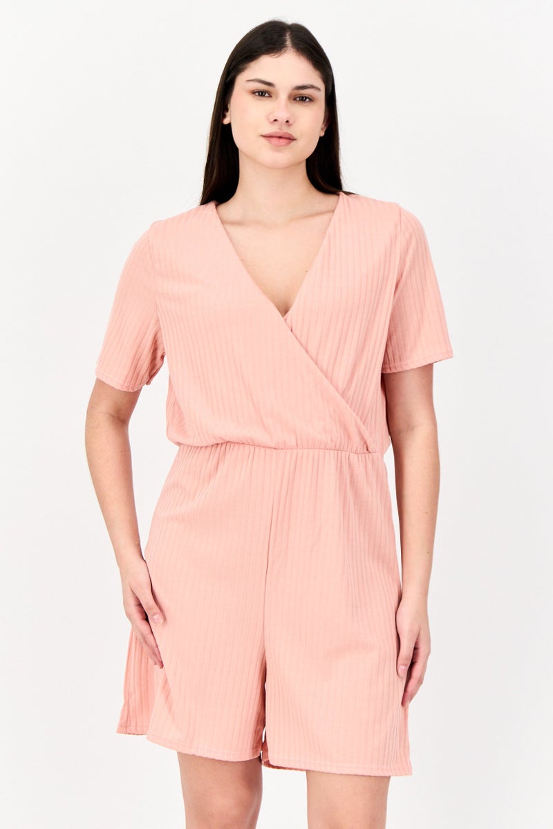 DOROTHY PERKINS Women Ribbed Short Sleeve Playsuit, Peach - Image 1