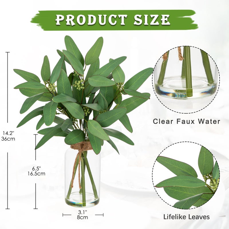 Briful Artificial Eucalyptus Stems in Clear Glass Vase with Faux Water, 14" Fake Plant Eucalyptus Leaves for Home Office Farmhouse Wedding Centerpiece DÃ©cor - Image 2