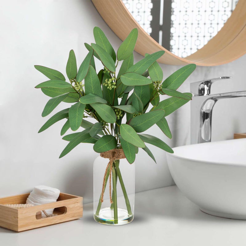 Briful Artificial Eucalyptus Stems in Clear Glass Vase with Faux Water, 14" Fake Plant Eucalyptus Leaves for Home Office Farmhouse Wedding Centerpiece DÃ©cor - Image 3