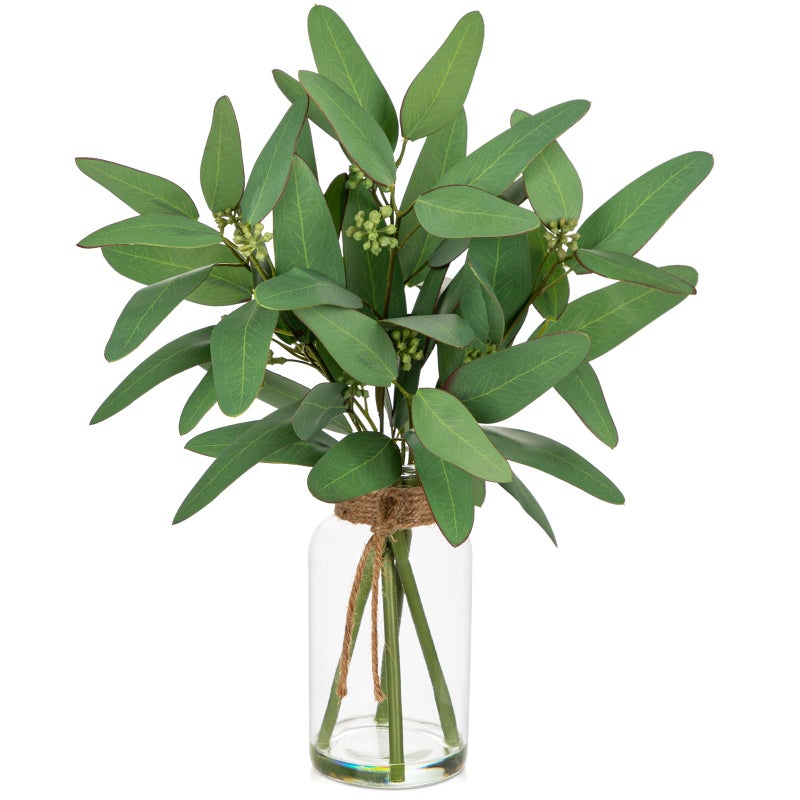 Briful Artificial Eucalyptus Stems in Clear Glass Vase with Faux Water, 14" Fake Plant Eucalyptus Leaves for Home Office Farmhouse Wedding Centerpiece DÃ©cor - Image 1