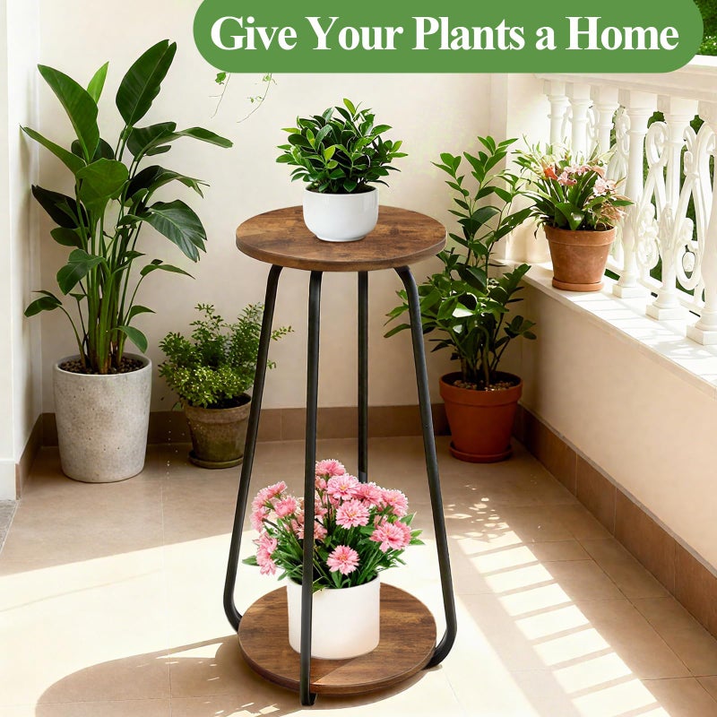 OugeWood Plant Stand Indoor, 2 Tier Plant Shelf Pedestal Stand Flower Stand, Metal Wood Plant Stands for Indoor Plants Living Room Balcony Deck Garden - Image 2