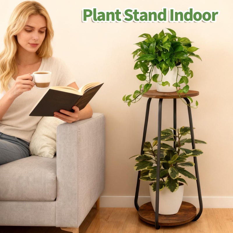 OugeWood Plant Stand Indoor, 2 Tier Plant Shelf Pedestal Stand Flower Stand, Metal Wood Plant Stands for Indoor Plants Living Room Balcony Deck Garden - Image 5