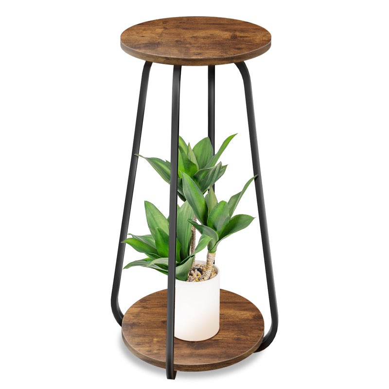 OugeWood Plant Stand Indoor, 2 Tier Plant Shelf Pedestal Stand Flower Stand, Metal Wood Plant Stands for Indoor Plants Living Room Balcony Deck Garden - Image 1
