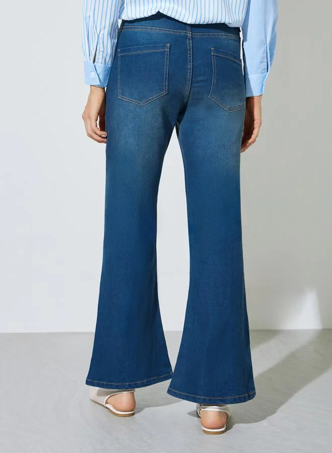 Styli Medium Blue Medium Blue Faded Stretch Flared Jeans for Women | Best Price UAE
