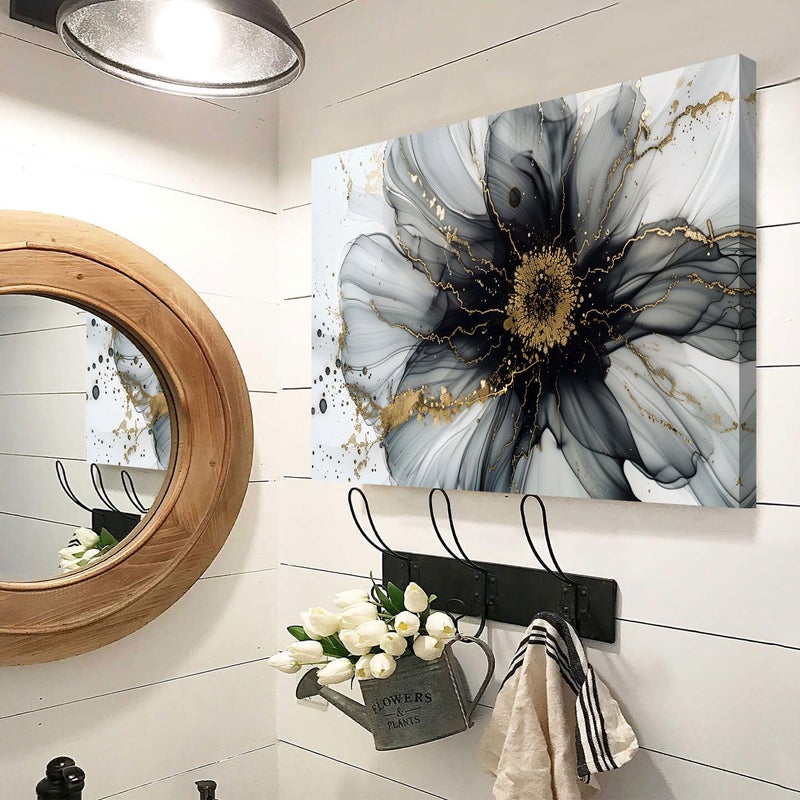 AREBOLO Black and White Abstract Wall Art Flower Wall Decor for Bathroom Living Room, Modern Marble Picture Canvas Prints Painting Minimalist Watercolor Fluid Textured Poster Artwork Home Decorations 12x16â€ - Image 4