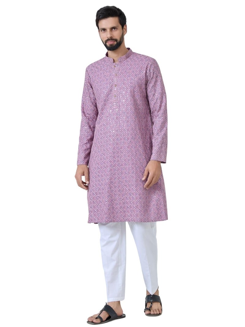 See Designs Men's Full Sleeve Mandarin Collar Men Purple-Pink Embroidered Straight Long Kurta - Festive Collection | - SDKT2890XXL - Image 1