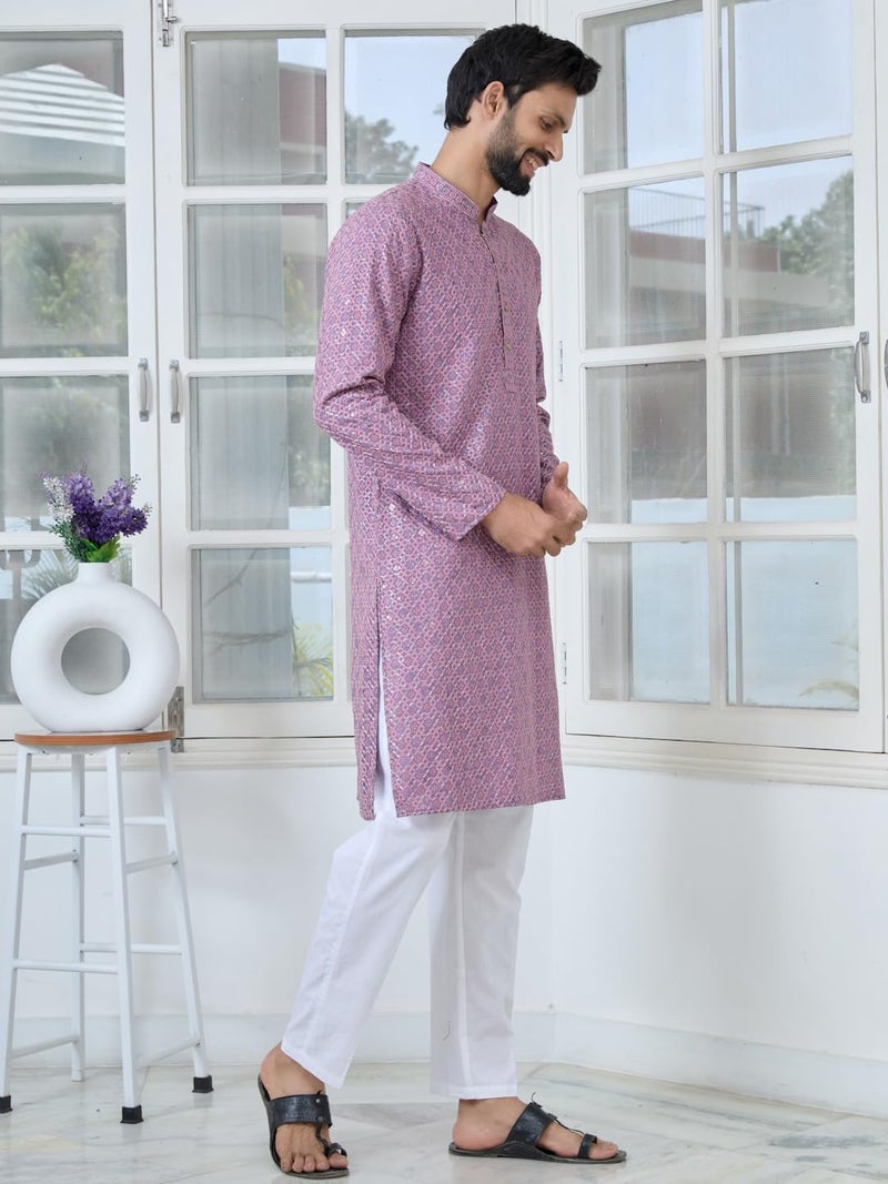 See Designs Men's Full Sleeve Mandarin Collar Men Purple-Pink Embroidered Straight Long Kurta - Festive Collection | - SDKT2890XXL - Image 3