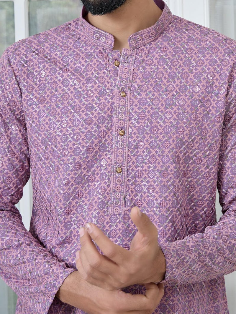 See Designs Men's Full Sleeve Mandarin Collar Men Purple-Pink Embroidered Straight Long Kurta - Festive Collection | - SDKT2890XXL - Image 2