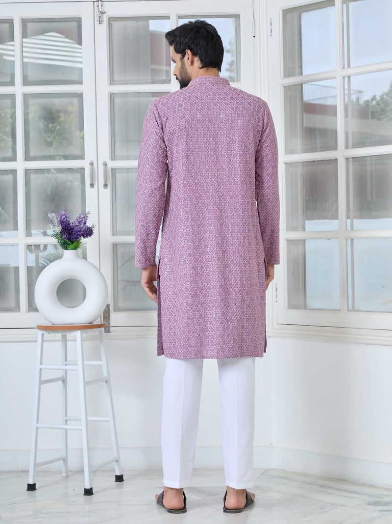 See Designs Men's Full Sleeve Mandarin Collar Men Purple-Pink Embroidered Straight Long Kurta - Festive Collection | - SDKT2890XXL - Image 4