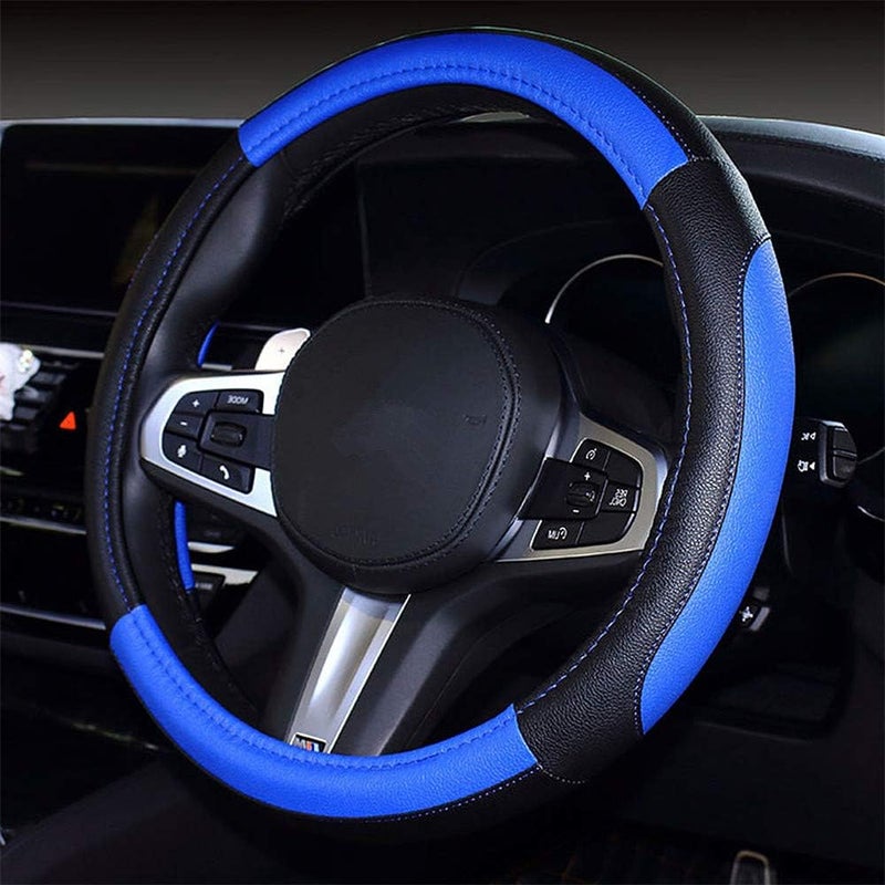 Coofig Durable PU Leather Steering Wheel Cover, Universal 38 cm, Breathable and Non-Slip Car Steering Wheel Cover, Car Steering Wheel Protector for Men and Women (Black Blue-3) - Image 1