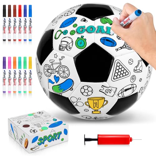 OKWUYiK Size 4 Color Your Own Soccer Ball Black DIY Custom Craft Kit with Pump 12 Markers Personalized Youth Toddler Training Paint Your Own Toy Creative Gift for Kids Black Soccer Ball 4 - Image 1