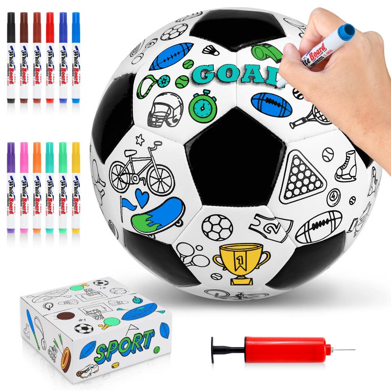 OKWUYiK Size 4 Color Your Own Soccer Ball Black DIY Custom Craft Kit with Pump 12 Markers Personalized Youth Toddler Training Paint Your Own Toy Creative Gift for Kids Black Soccer Ball 4 - Image 3
