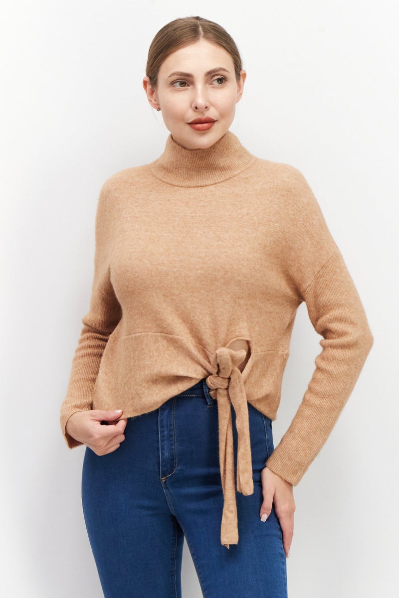 VERO MODA كنزة ليندا ذات الرقبة المرتفعة للنساء من كوتور ميد فور فيرو مودة، تان هندي - Image 1