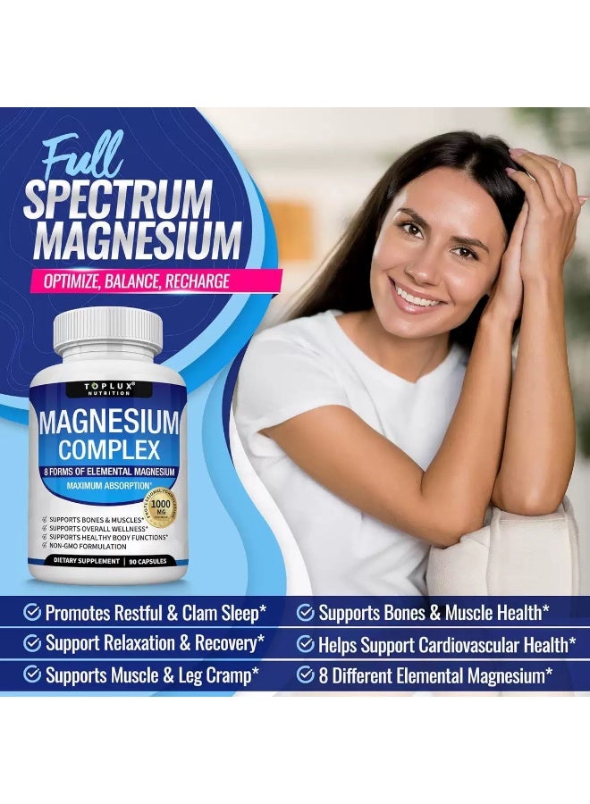 Toplux Magnesium Complex Supplement 8 Elemental Magnesium 1000mg - Magnesium Glycinate, Citrate, Malate, Taurate, Chelated for Easy Absorption for Bones, Muscle, Recovery, Energy, Vegan Non-GMO 90 Capsules - Image 2