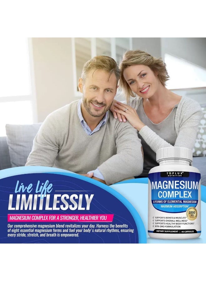 Toplux Magnesium Complex Supplement 8 Elemental Magnesium 1000mg - Magnesium Glycinate, Citrate, Malate, Taurate, Chelated for Easy Absorption for Bones, Muscle, Recovery, Energy, Vegan Non-GMO 90 Capsules - Image 4