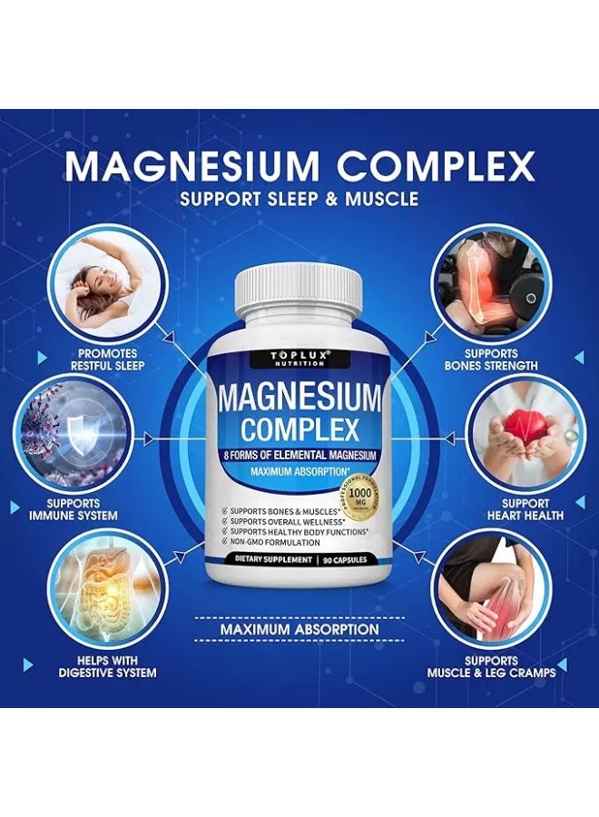 Toplux Magnesium Complex Supplement 8 Elemental Magnesium 1000mg - Magnesium Glycinate, Citrate, Malate, Taurate, Chelated for Easy Absorption for Bones, Muscle, Recovery, Energy, Vegan Non-GMO 90 Capsules - Image 5