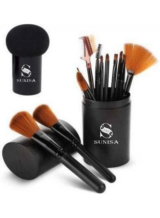 SUNISA Black Soft Synthetic Bristle Light Weight Multipurpose Makeup Brushes Set Of 12 And 1 Black Mushroom Head Beauty Blender (Pack Of 13) - Image 2