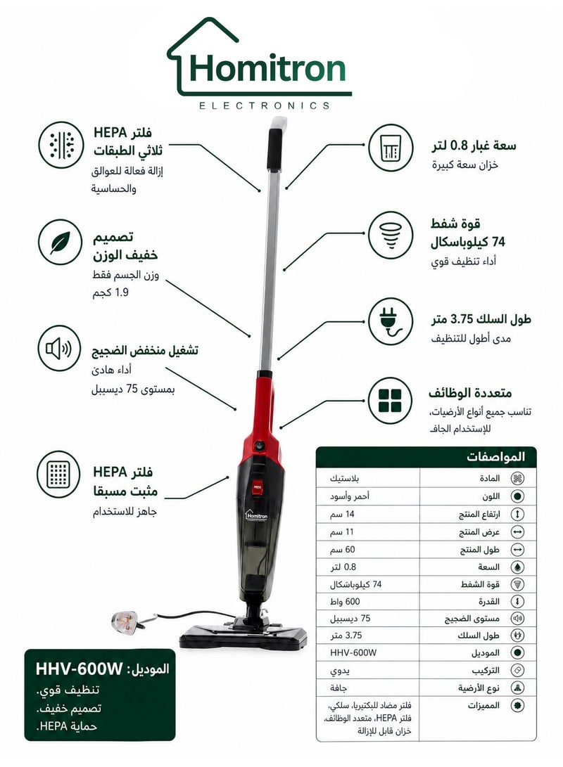 Homitron 2-In-1 Handheld Vacuum Cleaner With Large Capacity Dust Box 600 W Red & Black HHV-600W - Image 2