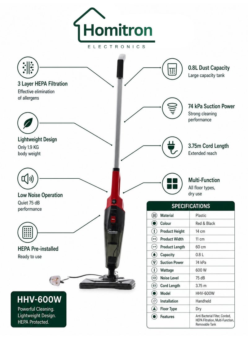 Homitron 2-In-1 Handheld Vacuum Cleaner With Large Capacity Dust Box 600 W Red & Black HHV-600W - Image 3