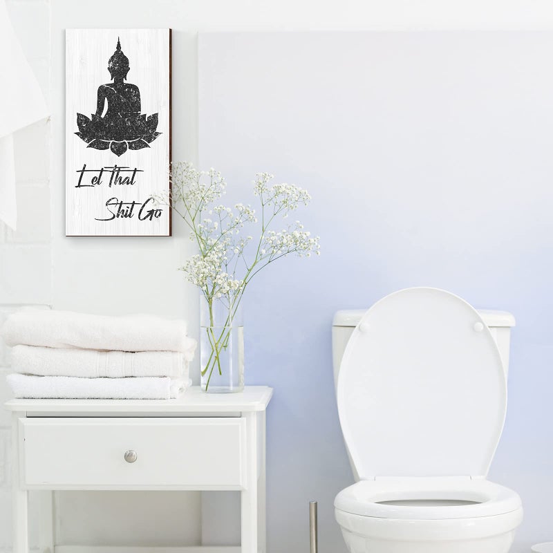 Yookeer Bathroom Wall Art Funny Bathroom Wall Decor Quote Let That Shit Go Buddhist Sign with Hooks for Toilet Window Decor 6 x 11.8 x 0.2 inches(White Style) - Image 5