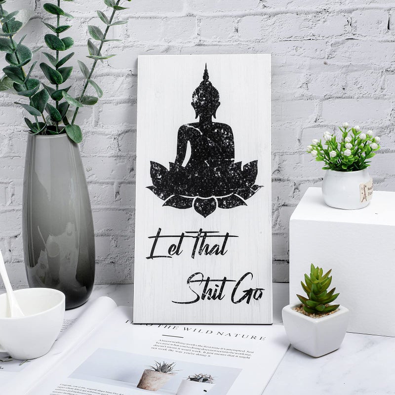 Yookeer Bathroom Wall Art Funny Bathroom Wall Decor Quote Let That Shit Go Buddhist Sign with Hooks for Toilet Window Decor 6 x 11.8 x 0.2 inches(White Style) - Image 3