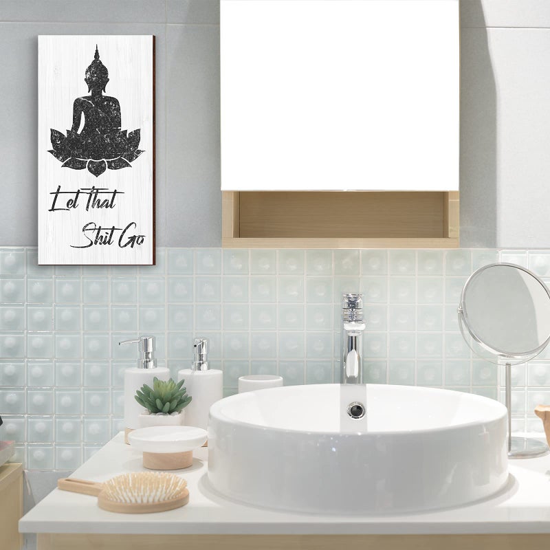 Yookeer Bathroom Wall Art Funny Bathroom Wall Decor Quote Let That Shit Go Buddhist Sign with Hooks for Toilet Window Decor 6 x 11.8 x 0.2 inches(White Style) - Image 4