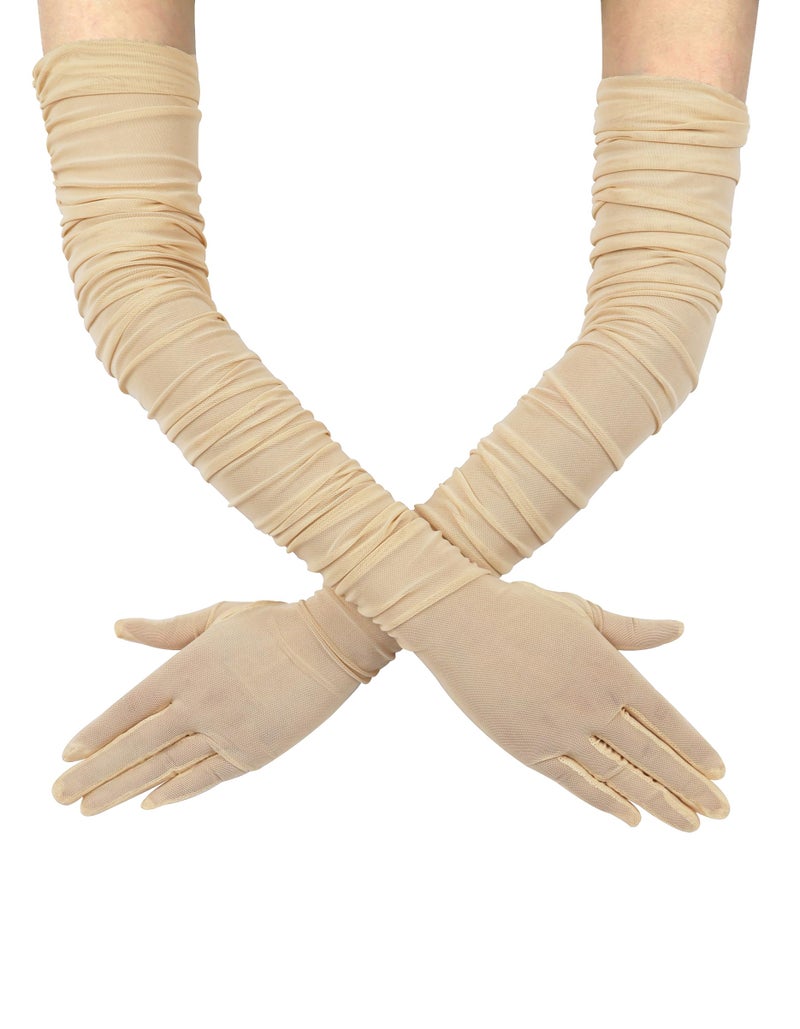 QRBTSCL Women's Stretchy Super Long Tulle Gloves Ruched Opera Mush Semi Sheer Gloves for Evening Party Champagne - Image 1