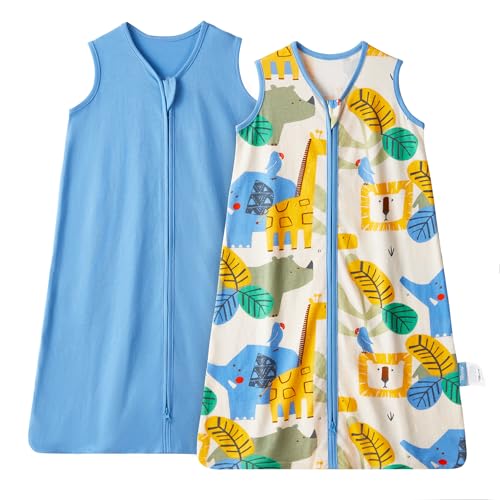 TILLYOU 2 Pack Infant Sleep Sack 0-6 Months 100% Cotton Wearable Blanket 0.5 TOG Sleeveless Summer Sleep Sacks with 2-Way Zipper, Animal Geometry & Blue - Image 1