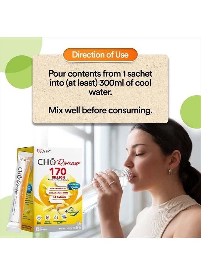 Afc - Japan Cho Renew -170 Billions Patented Probiotics, 3X More Effective, with Silk Peptide & Fiber, for Clearer Skin, Stomach Acid Resistant, No Need for Refrigeration, 15 sachets - Image 1