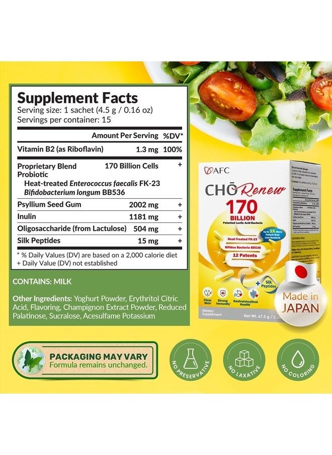 Afc - Japan Cho Renew -170 Billions Patented Probiotics, 3X More Effective, with Silk Peptide & Fiber, for Clearer Skin, Stomach Acid Resistant, No Need for Refrigeration, 15 sachets - Image 1