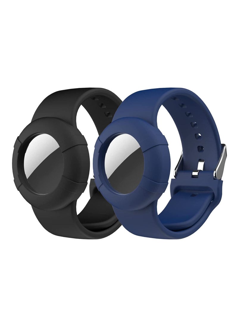 Air tag Wristband Kids(2 Pack) - Soft Silicone Air tag Bracelet for Kids - Lightweight GPS Tracker Holder Compatible with Apple Air tag Childs Watch Band Kids (Black & Navy Blue) - Image 1