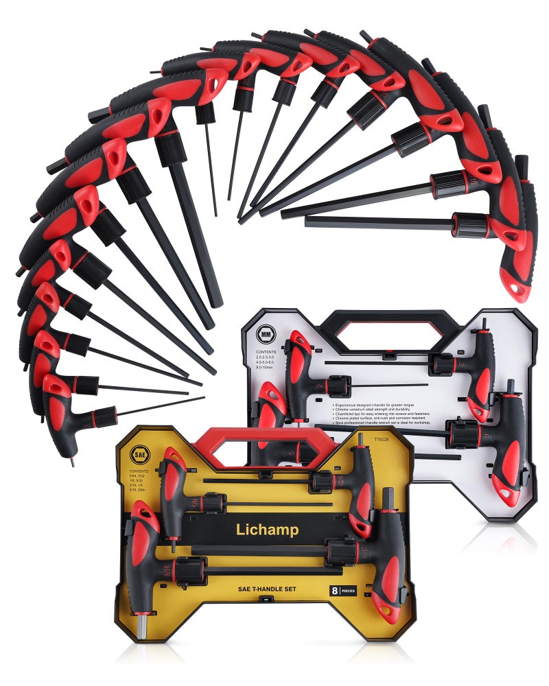Lichamp T Handle Allen Wrench Set SAE Metric 16 Piece Standard Long Tee Handle Allen Hex Key Set SAE Metric 56438 inch 210mm Heavy Duty Excellent