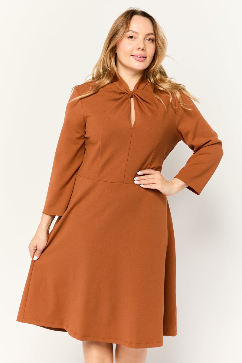 Donna Morgan Women Solid Twist Neck Midi Dress, Rust Brown - Image 1