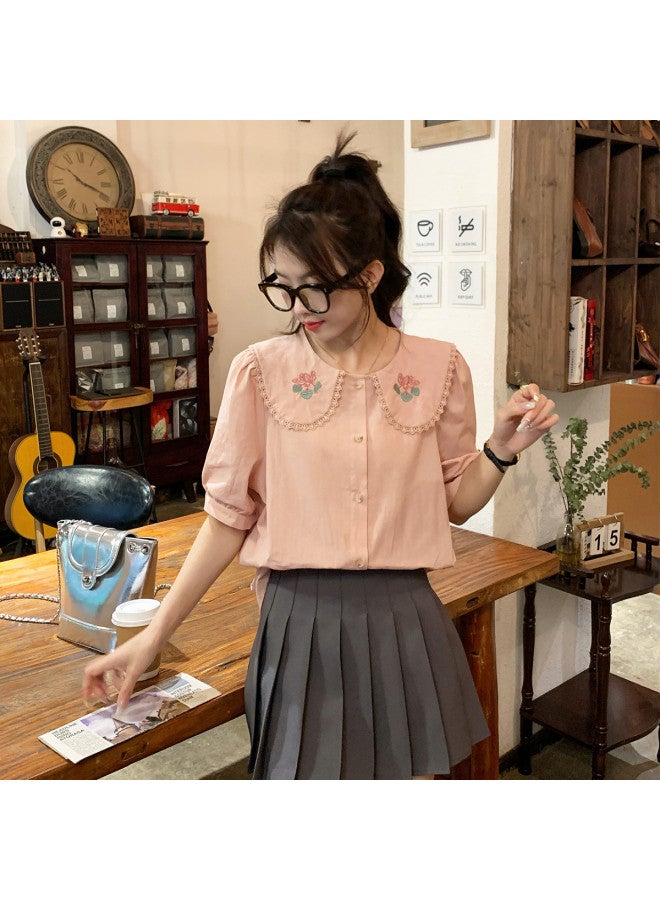 TonLion Summer Women's Peter Pan Collar Bubble Sleeve Short-sleeve Blouse - Stylish Korean-inspired Sweet & Versatile Design - Image 2