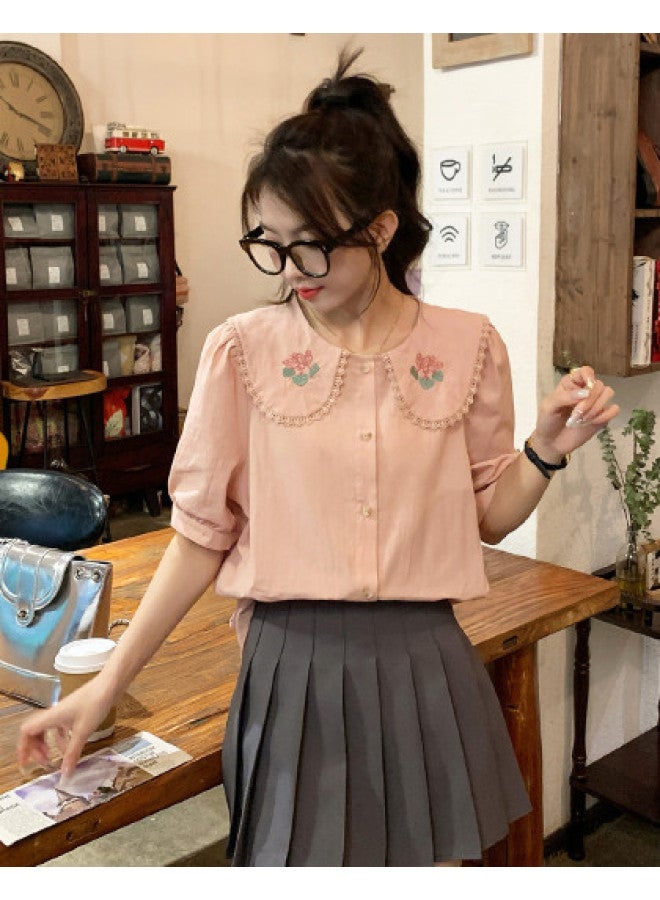 TonLion Summer Women's Peter Pan Collar Bubble Sleeve Short-sleeve Blouse - Stylish Korean-inspired Sweet & Versatile Design - Image 1