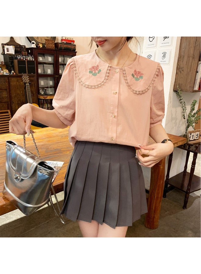 TonLion Summer Women's Peter Pan Collar Bubble Sleeve Short-sleeve Blouse - Stylish Korean-inspired Sweet & Versatile Design - Image 3
