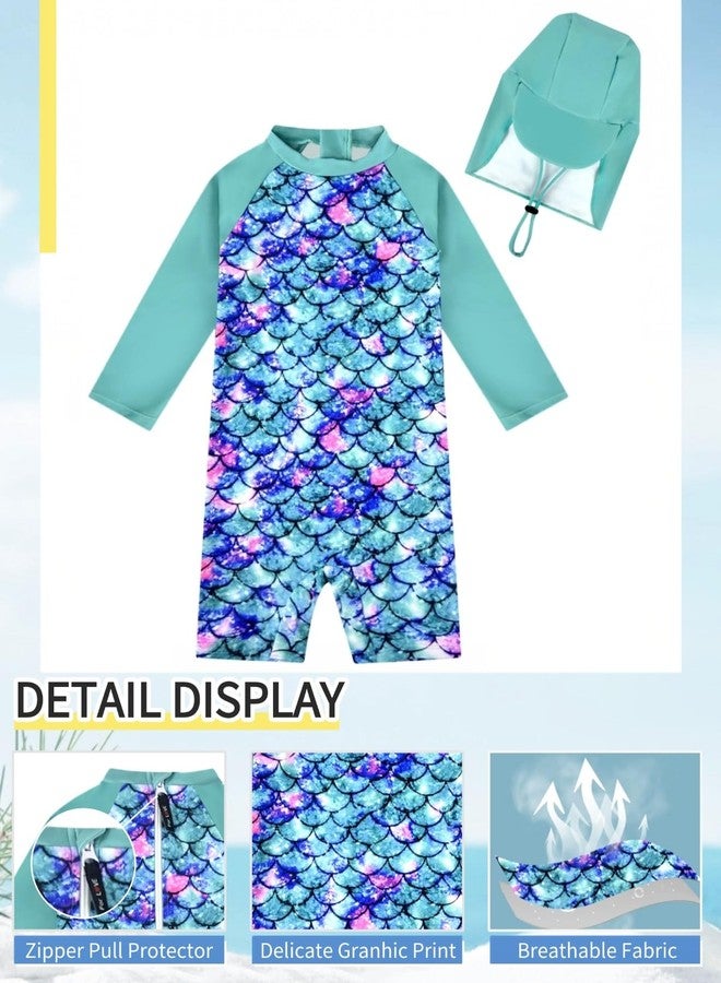 weVSwe Infant Swimsuit Girl One Piece UPF 50+ Baby Rash Guard Long Sleeve Toddler Swimsuit with Sun Hat Green Fish Scales 2 Years - Image 5