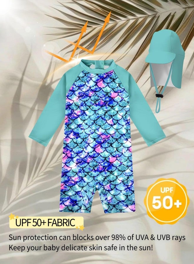 weVSwe Infant Swimsuit Girl One Piece UPF 50+ Baby Rash Guard Long Sleeve Toddler Swimsuit with Sun Hat Green Fish Scales 2 Years - Image 4
